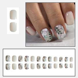 BMKKOT White Press on Nails Square Short Fake Nails 24Pcs White Flower Glue on Nails with Leaf Design Acrylic Nail Summer Artificial False Nails Glossy Short Coffin Nails for Women Daily Wear Manicure