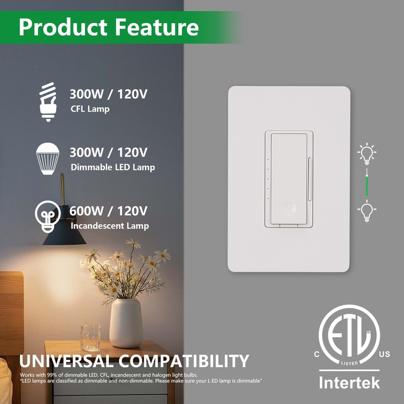 Wengart (BAK012C) Dimmer Switch for LED/CFL Lights, Single Pole or