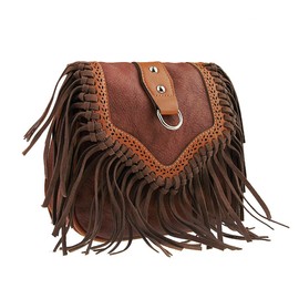 Shoulder bag, shoulder bag, tassel bag, fashion fringe, women's bag, bags, PU suede with zip, Coffee