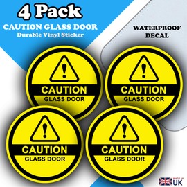 Pack of 4 - Caution Glass Door Stickers - 85mm - Safety Waterproof Vinyl Stickers