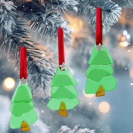 Bucherry 3 Pcs Sea Glass Christmas Tree Ornaments Sea Crystal Glass Decor Crafts Christmas Tree Hanging Ornament for Christmas Party Gift Beach Ocean Table Decoration