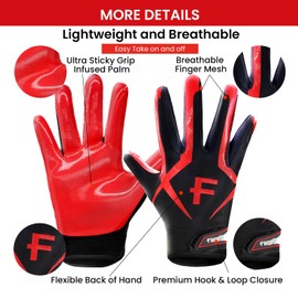 Football Receiver Gloves Youth Pair,Ultra Stick Palm Grip Gloves for Kids Age 5-14 Small Large XL Medium, Black White Blue Red Orange Durable Breathable Flexible American (Red, X-Large)