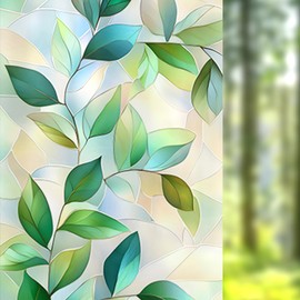 Nuxovilar Stained Glass Green Leaf Window Film, 17.7×39.4inch Gradient Leaf Pattern, PVC Static Cling for Study/Living Room Natural Decor (Sparkle)