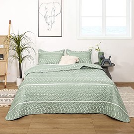 Janzaa Quilt Set Twin Quilt Set Boho Quilt Sets Bedding Bedspread Twin 2 Piece,Sage Green Lightweight Coverlet with Pillow Cases Geometric Reversible Coverlet Bedding Set for All Season