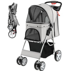 Giantex Folding Dog Stroller, Pet Stroller for Small Medium Dogs Cats Puppy, 4 Lockable Wheels Cat Stroller Travel Carrier Strolling Cart, Safety Belt, Removable Liner and Storage Basket (Light Gray)