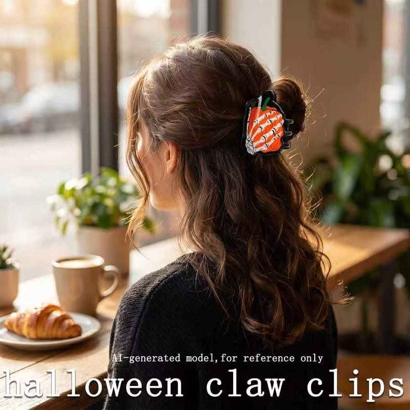 Halloween Skeleton Hand & Pumpkin Hair Claw Clips for Half