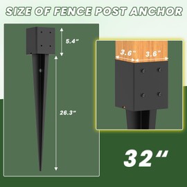 TAYORY 4 Pcs 4"x4" Fence Post Anchor Ground Spike 32"(Actual: 3.6"x3.6") Heavy Duty Metal Fence Post Anchor, Black Powder-Coated, for Fence,Deck,Bird Feeder,Railing,Mailbox