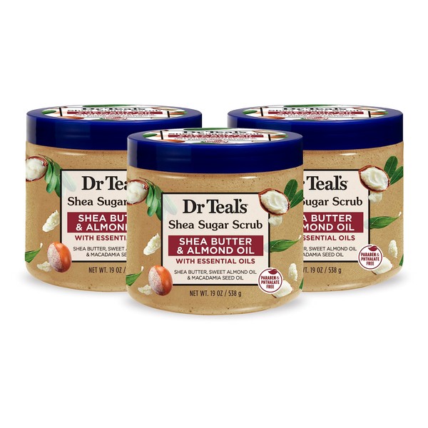Dr Teal's Shea Sugar Body Scrub, Shea Butter with Almond Oil & Essential Oils, 19 oz (Pack of 3) (Packaging May Vary)