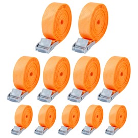 Pack of 10 lashing straps, lashing straps, 25 mm x 4 m, lashing straps with clamping lock, for bicycles, trolleys, luggage, according to DIN EN 12195-2 (orange colour 4M)