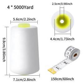 Zythrem Overlocking Thread, White Overlocker Thread Sewing Thread Cone 4 x 5000 Yards, All Purpose Polyester Thread 40S/2, Sewing Machine Quilting Thread for Sewing Quilting Piecing Serger, White
