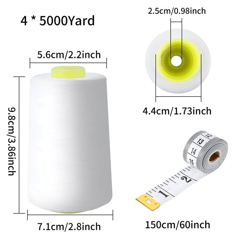 Zythrem Overlocking Thread, White Overlocker Thread Sewing Thread Cone 4