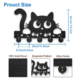 MAYJOYDIY Wooden Pretty Cat Key Hook Wall Mounted 30 x 20 cm Animal Motif Key Holder Black Key Holder with 5 Alloy Hooks for Entrance Area Front Door Car Key Organiser