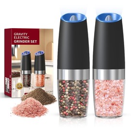 BELRIGO Battery Operated Salt And Pepper Grinder Set with LED Light, Automatic Electric Gravity Salt And Pepper Shakers Set, Each 4 AAA Batteries Needed, Adjustable Roughness, 2 Pack (Black)