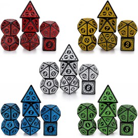 QMAY DND Dice, 5 x 7 Set (35 Pieces) Vintage Engraving Series, Polyhedral Dice Set, with 5 Bags, for Dungeon and Dragons MTG Table Games, RPG, DND, D4, D6, D8, D10, D%, D12, D20