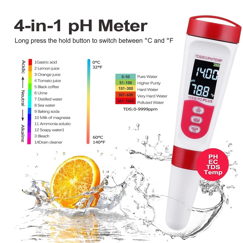 PH Meter, 4 in 1 PH EC TDS Temp Meter