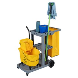 Restaurantware-Clean Tek Professional Janitor Cart with Wheels, 1 Cleaning Trolley with 18 Gallon Bag - 3 Shelves, Heavy-Duty, Gray Plastic Commercial Janitorial Cart, for Restaurants