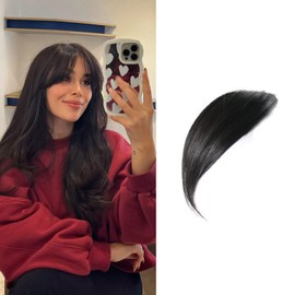 Aolike Side Bangs Clip in Real Human Hair Bangs Natural Side Swept Bangs Fringe Hair Extensions Natural Color(Natural Black)