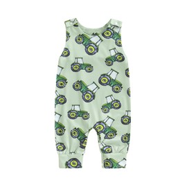 Covvoliy Infant Baby Boy Girl Romper Western Clothes Animal Print Sleeveless Jumpsuit Bodysuit Newborn Farm Outfit (Green Car, 12-18 Months)