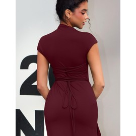 YMDUCH Women's Casual Short Sleeve Boat Neck Ruched High Split Bodycon Long Formal Dress WineRed