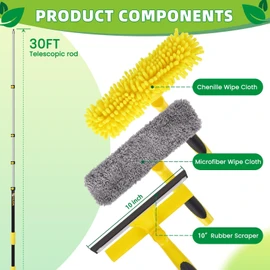 370'' Long Reach Window Squeegee with Telescoping Extension Pole, 2-in-1 Indoor/Outdoor Cleaning Tool with 270° Rotatable Head, Lightweight Alloy Aluminum Pole for Shower Door, Mirror, Car Windshield