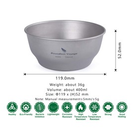 Boundless Voyage Ultralight Titanium Dish with Carry Bag Outdoor Camping Bowl Pan Plate Tableware Cookware (Ti15163B (400ml Bowl))