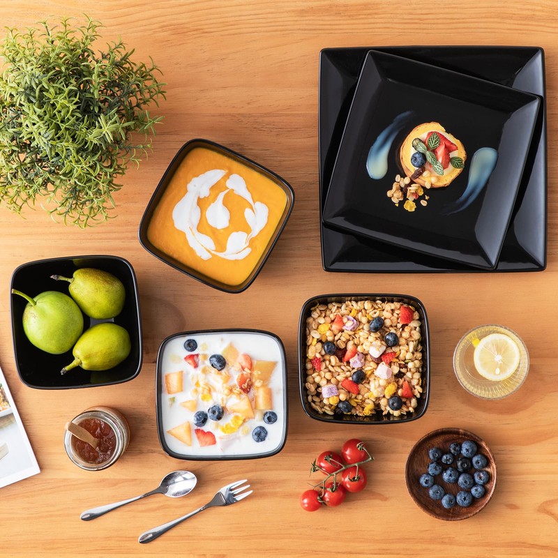 vancasso Soho Dinnerware Sets 12 Pieces, Black Stoneware Square Place