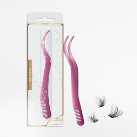 2 in 1 Lash Tweezer with Comb, Stainless Steel Elbow Tweezers, Tweezers Eyelash Extension, Precise Eyebrow Tweezers Tool, Lashes Tweezer Applicator for DIY Applying False Eyelashes Clusters, Rose