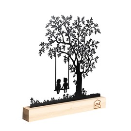 UNUS Decorative Tree Stand, Children on the Swing, Black Metal Stand with Bamboo Base, Decoration for Windowsill, Dining Table, Living Room, Spring Decoration