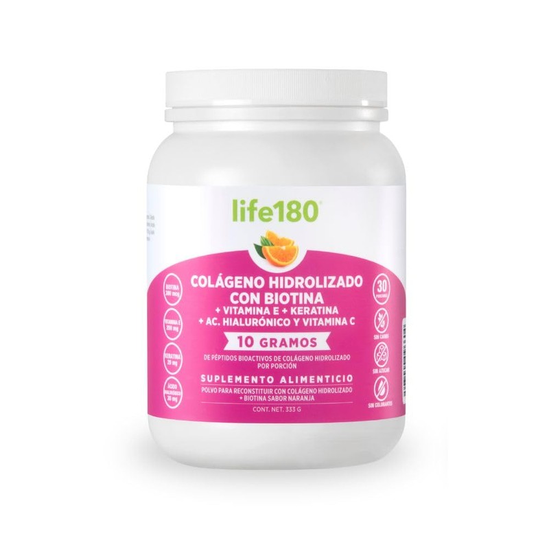 Life180 Colágeno Hidrolizado con Biotina y Vitamina E Sabor Naranja