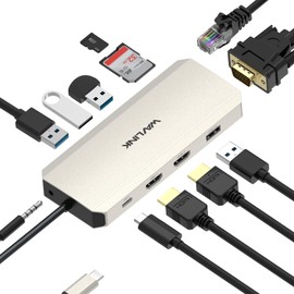 WAVLINK USB C 12 in 1 Hub/Dock Station, 3 Display Type C Adapters, 2x 4K HDMI and 1x 2K VGA Ports, 85W Laptop Charging, Ethernet, MicroSD and SD Card Reader, and PC Charger with 3.5mm Audio Jack and