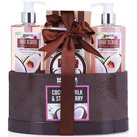 BRUBAKER Cosmetics Bade- und Dusch Set Kokosnuss und Erdbeer Duft - 5-teiliges Geschenkset in Geschenkbox