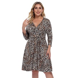 AMZ PLUS Womens Plus Size V-Neck Wrap Dress 3/4 Sleeve A Line Midi Cocktail Midi Work Lepord Dress 2XL