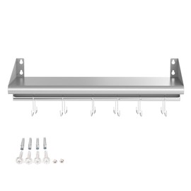 Skyflame 12" x 36" Wall Shelf with 6 Hanging Hooks for Storage, Stainless Steel Commercial Shelving with Side Guards for Bar, Utility Room, Kitchen, Garage