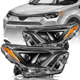 BRYGHT Halogen Headlight Assembly fits For 2016 2017 2018 Toyota RAV4 16 17 18 Halogen Headlamp w/o LED, Driver and Passenger Side, Black Housing
