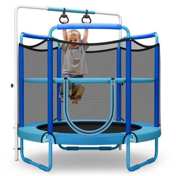 Goplus 60 Inch Kids Trampoline with Safety Enclosure Net, 330 LBS 3-in-1 Mini Trampoline w/Swinging Rings, Adjustable Horizontal Bar, 5 FT Indoor Outdoor Toddler Recreational Trampoline (Blue)