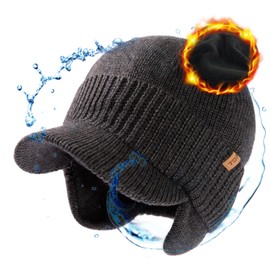 TOP-EX Waterproof 80% Merino Wool Peaked Beanie Hat Men with Earflaps Oversized Winter Hats with Brim Warm Fleece Lined for Big Heads Newsboy Baker Boy Cap for Golf Running Grey L/XL