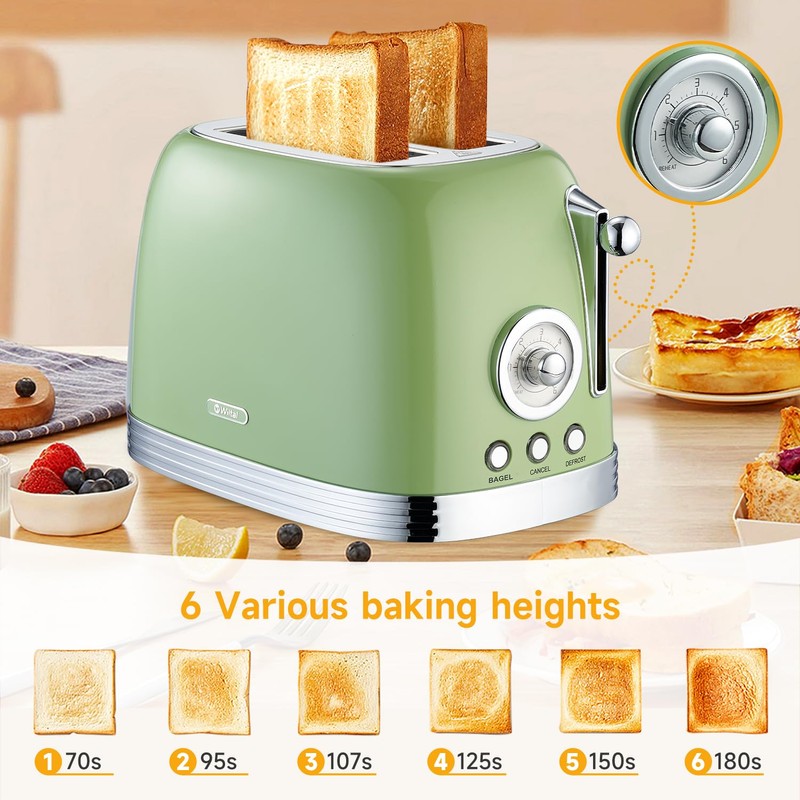Wiltal Green Cute Retro Toaster 2 Slice with 1.58" Wide