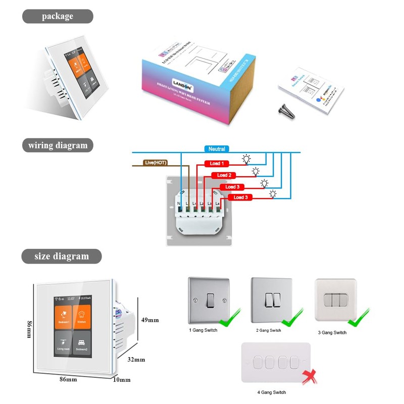 LANBON L8-HS4 LCD 4 Gang Smart Light Switch works with