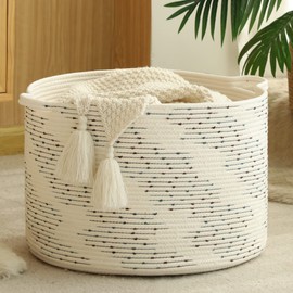 KAKAMAY Large Cotton Rope Blanket Basket (20"x13"),Woven Baby Laundry Hamper，Blanket Basket for Nursery, Laundry, Living Room, Pillows, Toys with Handles （White）
