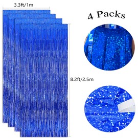 Slmeno 4 Pack Blue Foil Fringe Backdrop Curtains, 12.8x8.2 Feet Glitter Tinsel Curtain Party Streamers Backdrop for Graduation Decorations, Birthday Party Decorations, Ocean Themed Party Decor