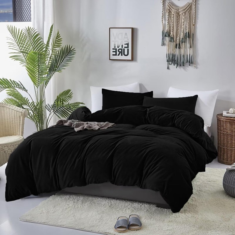 KAREVER Black Velvet Comforter Set - Cal King Flannel Bedding