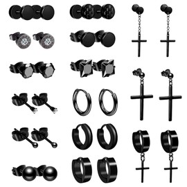 Bulckrew 15 Pairs Black Earrings Fake Plugs Tunnel Piercing Set Hoop Earrings Stainless Steel with Zirconia Cross Pendant Stud Earrings for Men Women Unisex, Stainless Steel, Other