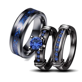 Couple Ring Bridal Set His Hers Black Gold Plated Blue CZ Stainless Steel Wedding Ring Band, women's size 10 & men's size 8, Paper, Agate