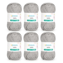 Katech Pure Cotton Yarn for Crocheting & Knitting–Soft Sport Weight CYC #2, 6 Skeins (50g Each, 300g Total), Ideal Crochet Yarn for Dishcloths, Baby Clothes, Socks, Lightweight Scarves（Light Gray）