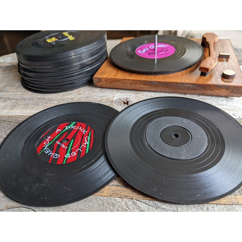 Retro Vinyl Record Funny Pun Title Coaster Set with wood