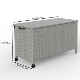 125 Gallon Large Deck Box Waterproof PE Rattan Outdoor Storage Box with Handles and Wheels, Storage Bin for Garden, Balcony, Porch, Pool, Yard