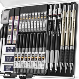 NicPro 6 Pack Art Mechanical Pencil Set, 3 Pack Metal Drafting Pencil 0.5 mm & 0.7 mm & 0.9 mm & 3 Pack 2mm Lead Holder (6B 4B 2B HB 2H 4H Colors) - Color: Gold(with Colored Refills)
