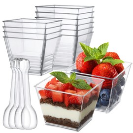 Poever 3.8oz Plastic Dessert Cups with Spoons 50 Pack, Clear Square Mini Dessert Cups Appetizer Cups Parfait Cups Tumbler Cups for Mousse Puddings, Party Supplies