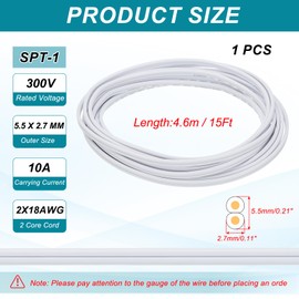 PATIKIL 15Ft 18/2 PVC Covered Wire, 300V SPT-1 Lamp Cord Insulated Heat Resistant Electronical Flexible Cable for LED Lamp Wire Audio Cable Speaker, White, UL Listed