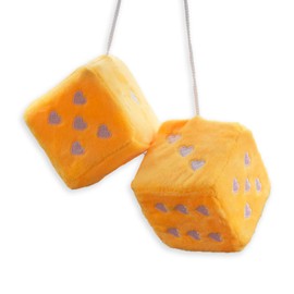 Heart Shaped Vintage Embroidered Fuzzy Plush Dice, Pair 3” Heart Shaped Hanging Dice Ornaments, New Car Decorative Vintage Accessories for Car Interior Rearview Mirror(Yellow)
